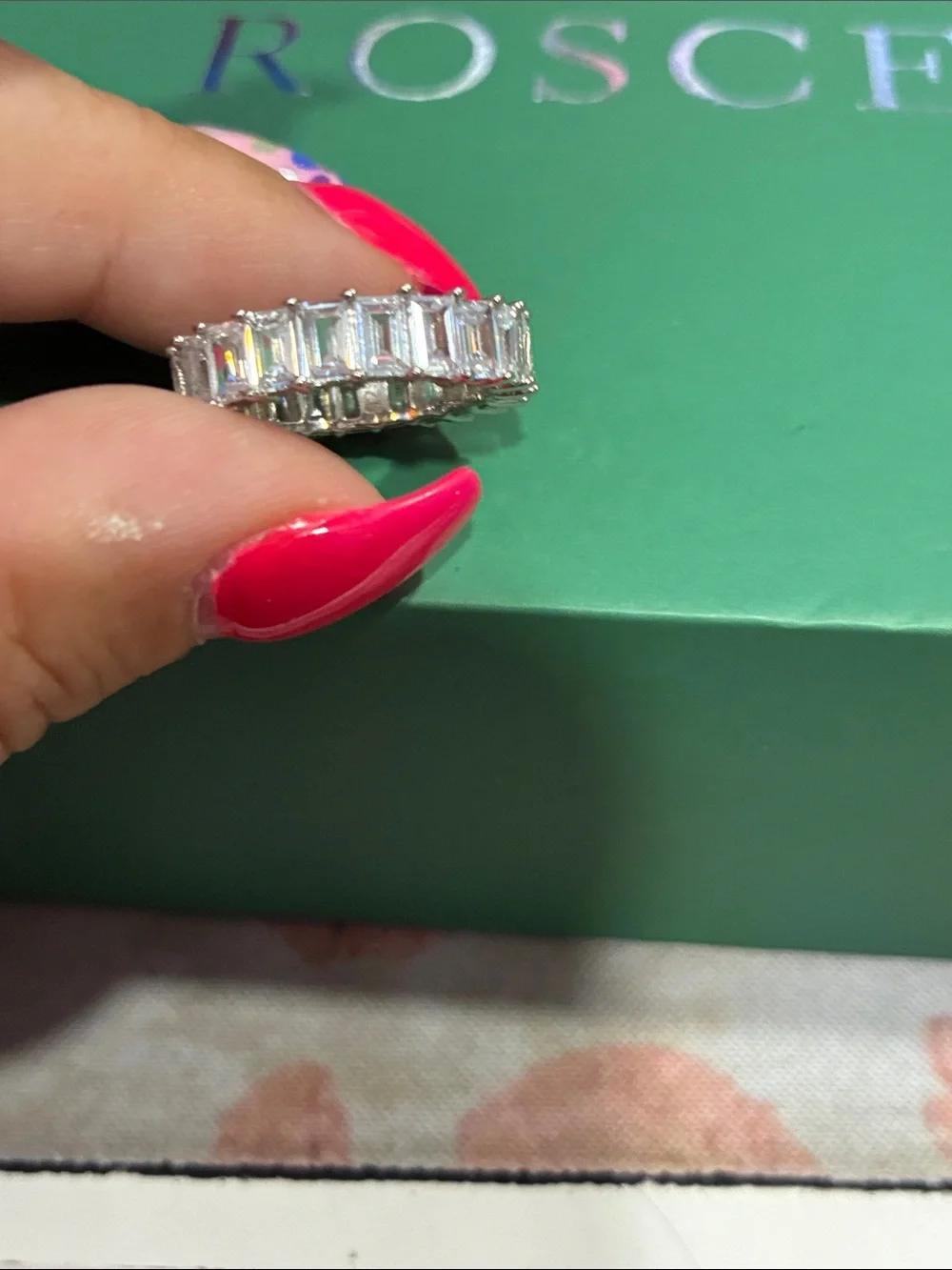 Silver Baguette-Cut Eternity Band - Pink Accent Styling